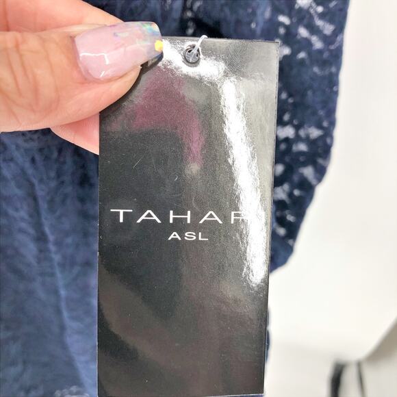 Tahari ASL Womens Lace Mini Dress 4 Blue Long Sleeve Mock Neck Babydoll NWT - Picture 12 of 13